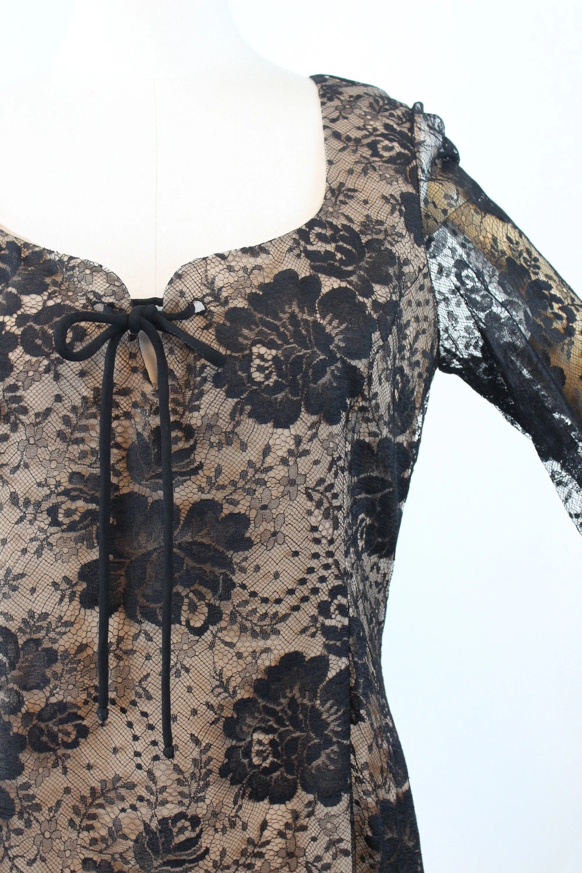1970s BILL BLASS black lace nude silk corset dress medium | new winter