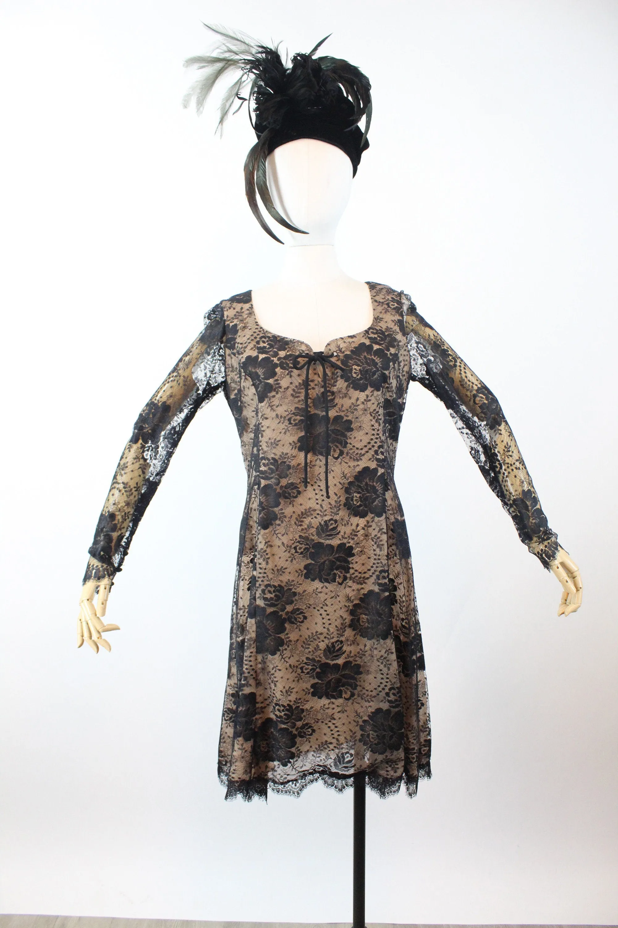1970s BILL BLASS black lace nude silk corset dress medium | new winter