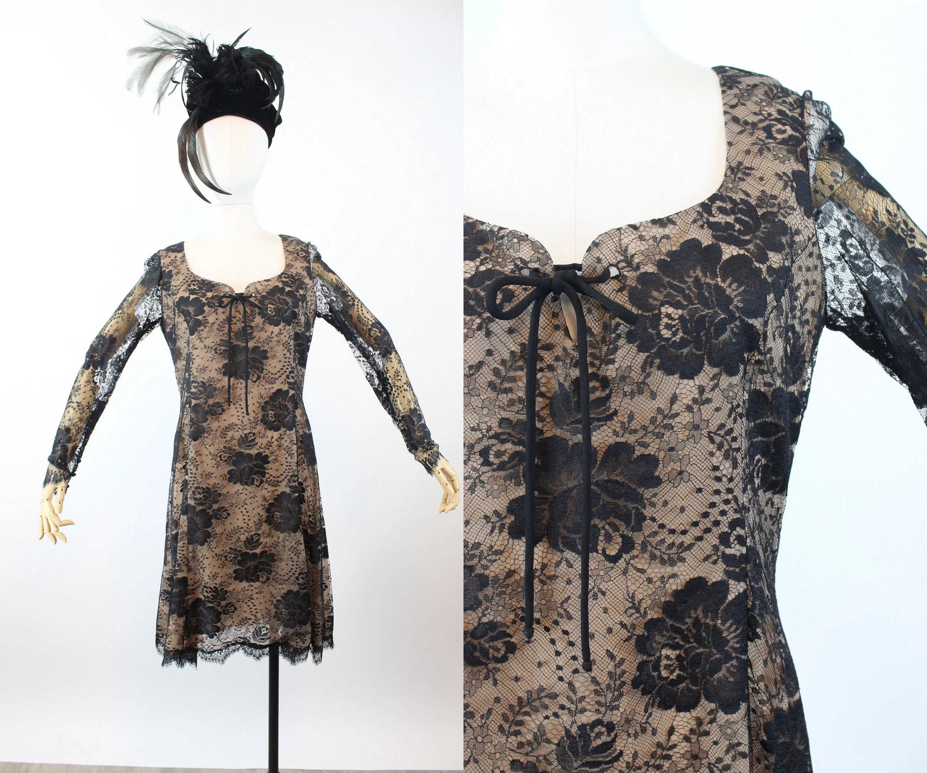 1970s BILL BLASS black lace nude silk corset dress medium | new winter