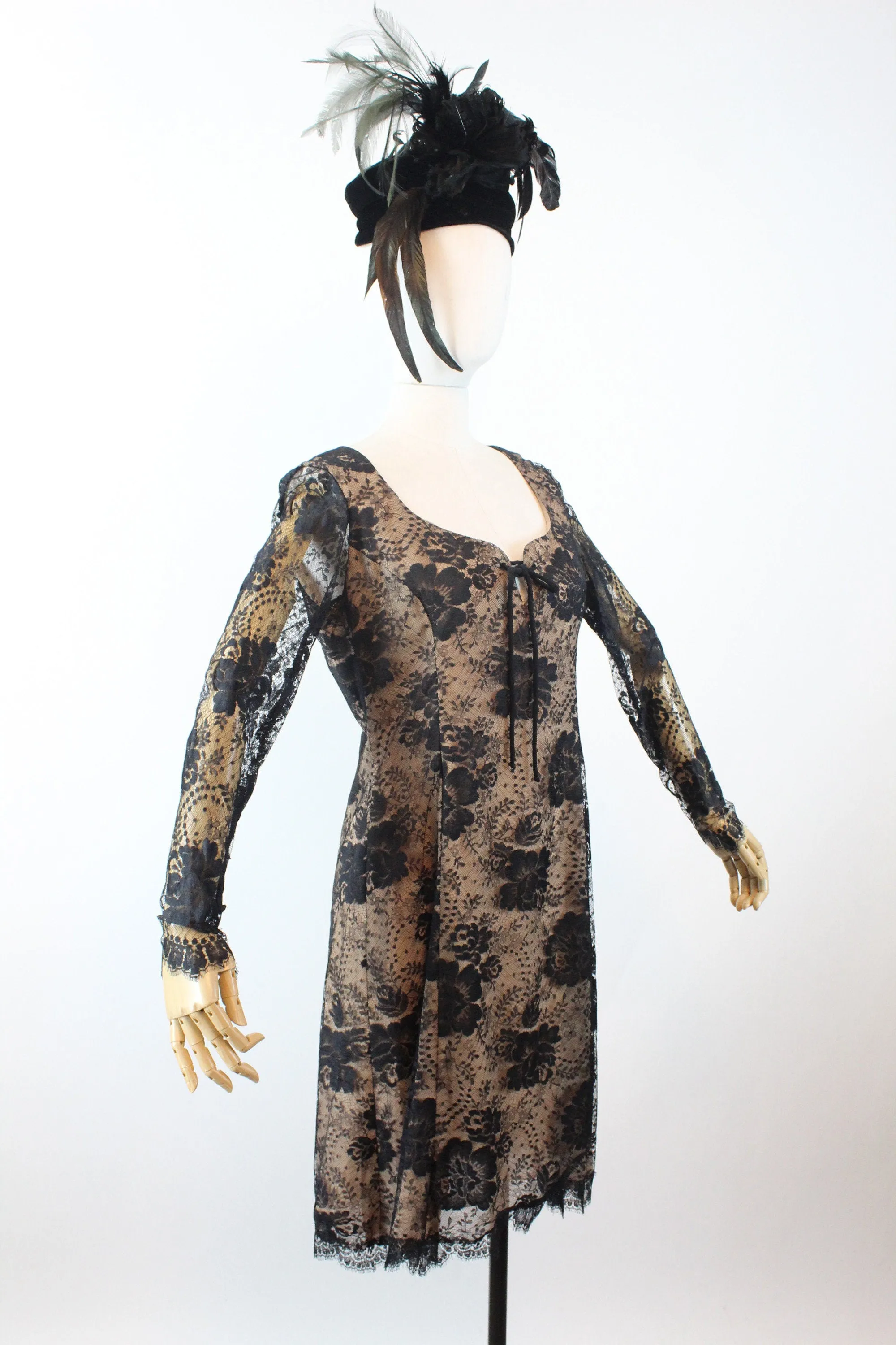 1970s BILL BLASS black lace nude silk corset dress medium | new winter