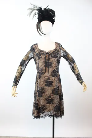1970s BILL BLASS black lace nude silk corset dress medium | new winter