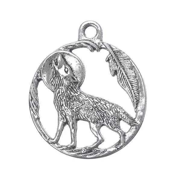 1"  Howling Wolf Round Metal Pendant 5/pk