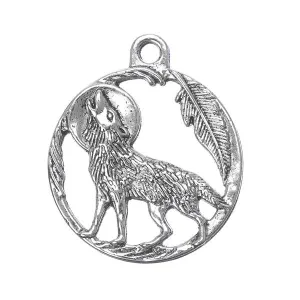 1"  Howling Wolf Round Metal Pendant 5/pk