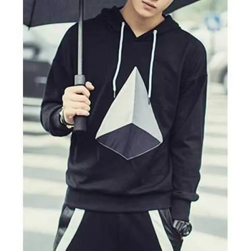 3D Geometric Pattern Appliques Hooded Long Sleeve Men's Cotton Blends Hoodies - Black L