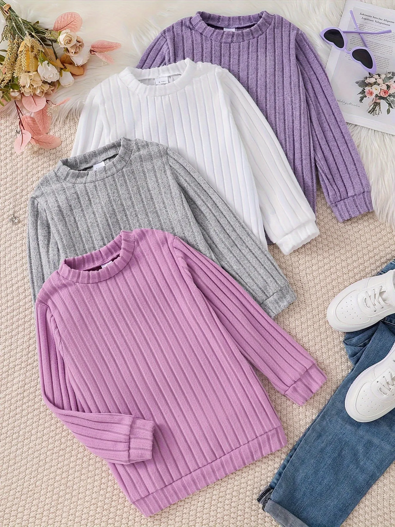 4pcs/set Cozy Ribbed Knit Long Sleeve Tops for Girls - Soft, Versatile, and Warm for Fall & Winter - Comfortable Girls Clothing for Casual Daily Wear