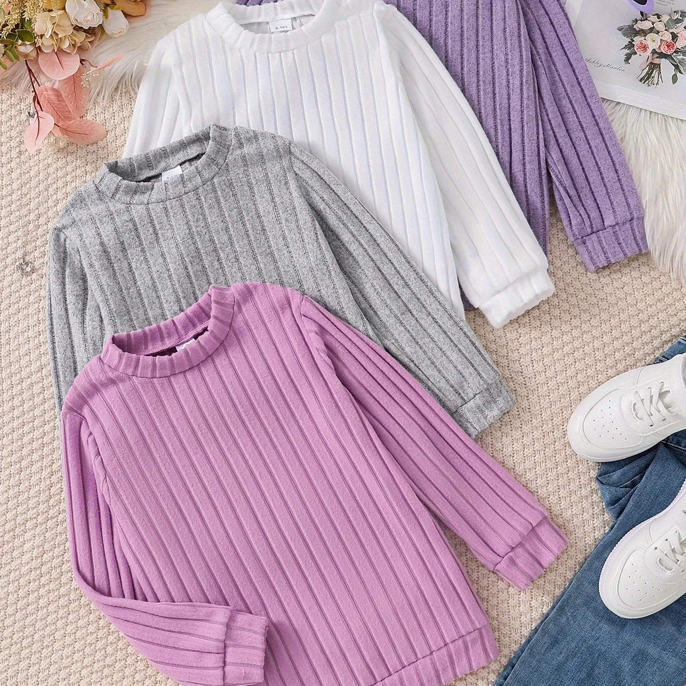 4pcs/set Cozy Ribbed Knit Long Sleeve Tops for Girls - Soft, Versatile, and Warm for Fall & Winter - Comfortable Girls Clothing for Casual Daily Wear