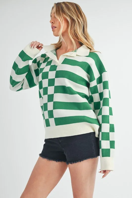 Aemi   Co Striped & Checkered Drop Shoulder Sweater