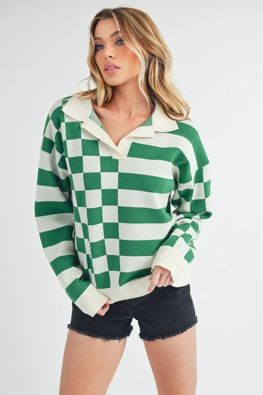 Aemi   Co Striped & Checkered Drop Shoulder Sweater