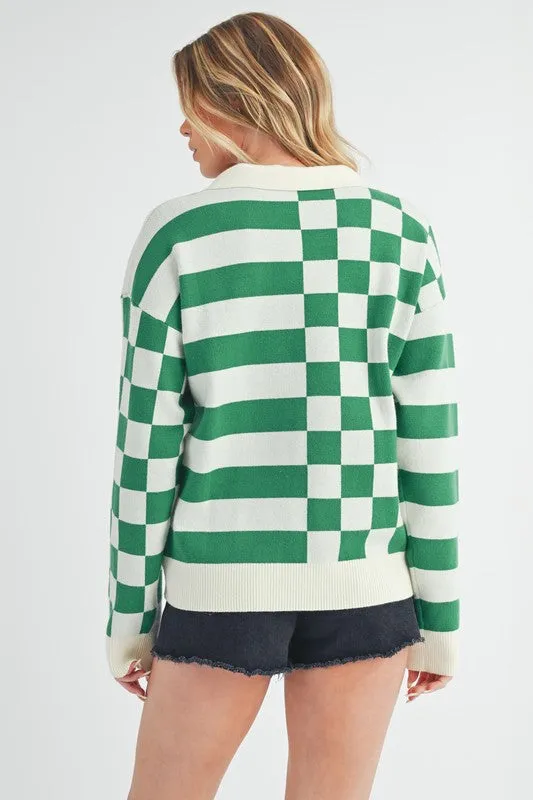 Aemi   Co Striped & Checkered Drop Shoulder Sweater