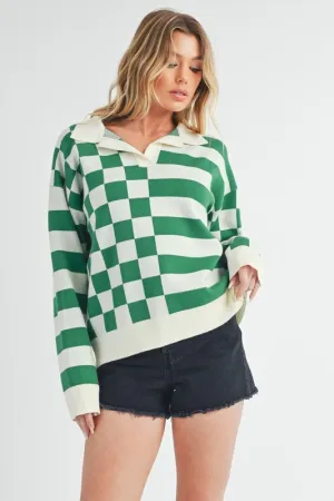 Aemi   Co Striped & Checkered Drop Shoulder Sweater