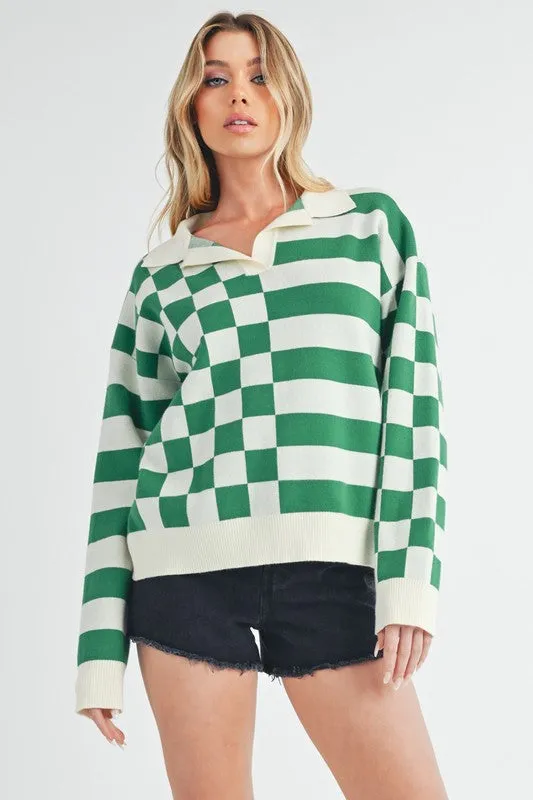 Aemi   Co Striped & Checkered Drop Shoulder Sweater