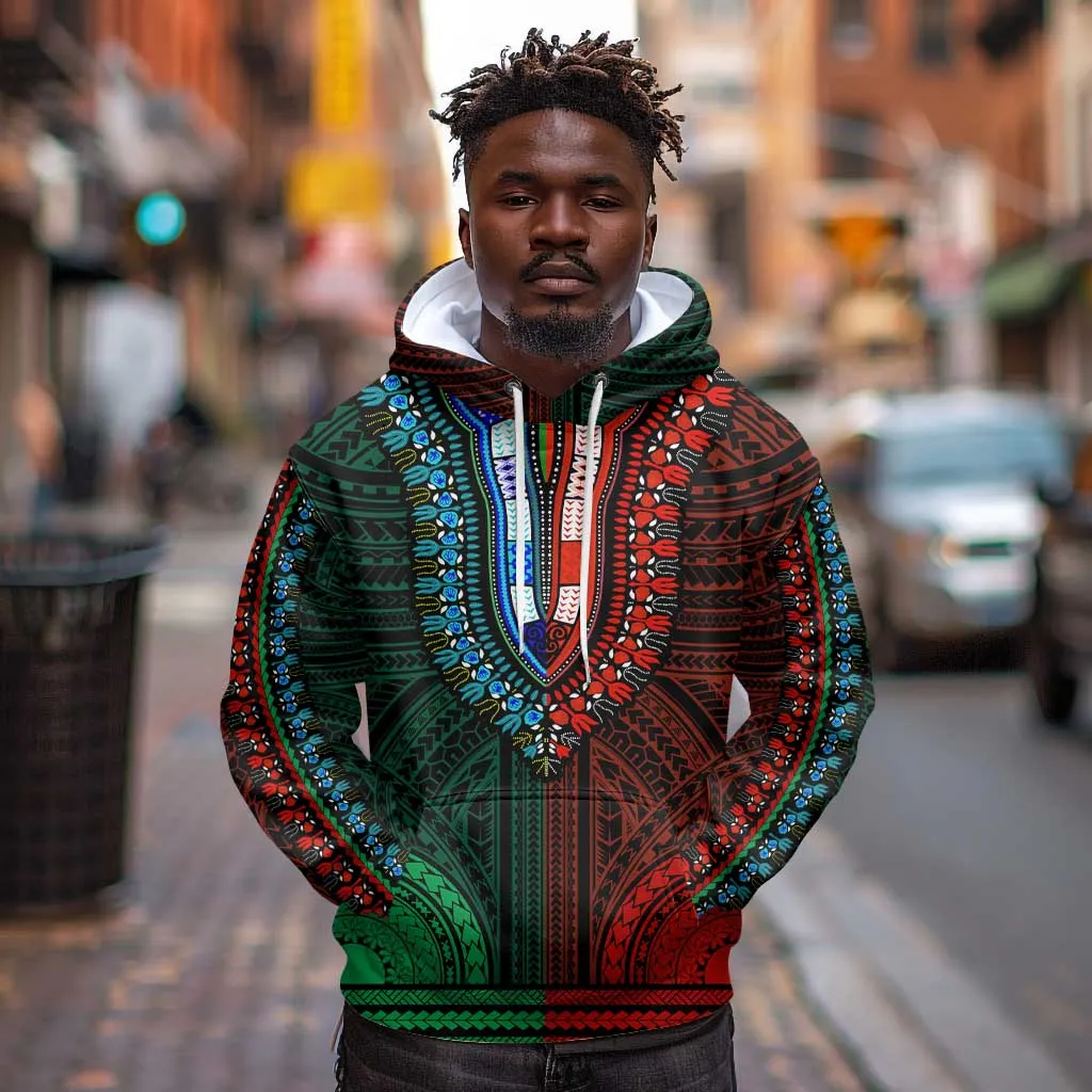 African Dashiki and Polynesian Pattern Hoodie Half Green-Red LT9