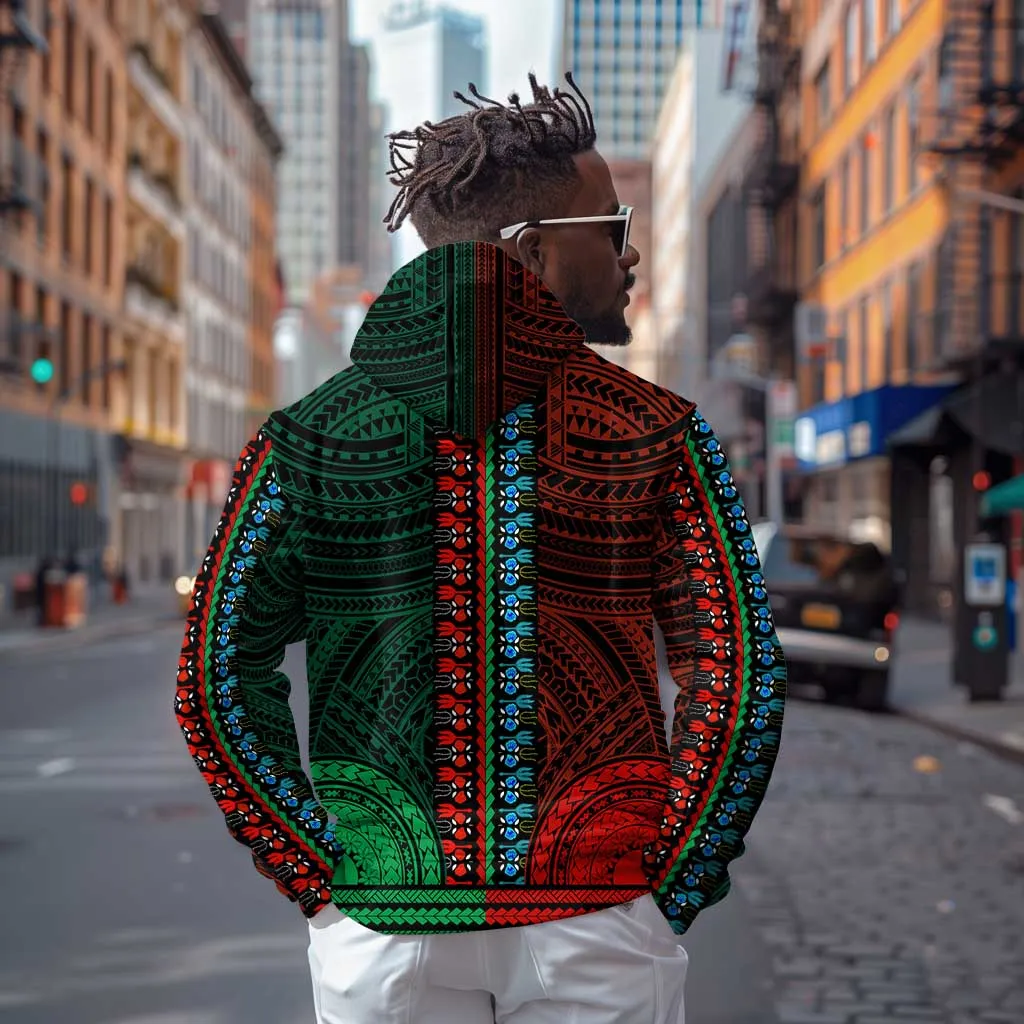 African Dashiki and Polynesian Pattern Hoodie Half Green-Red LT9