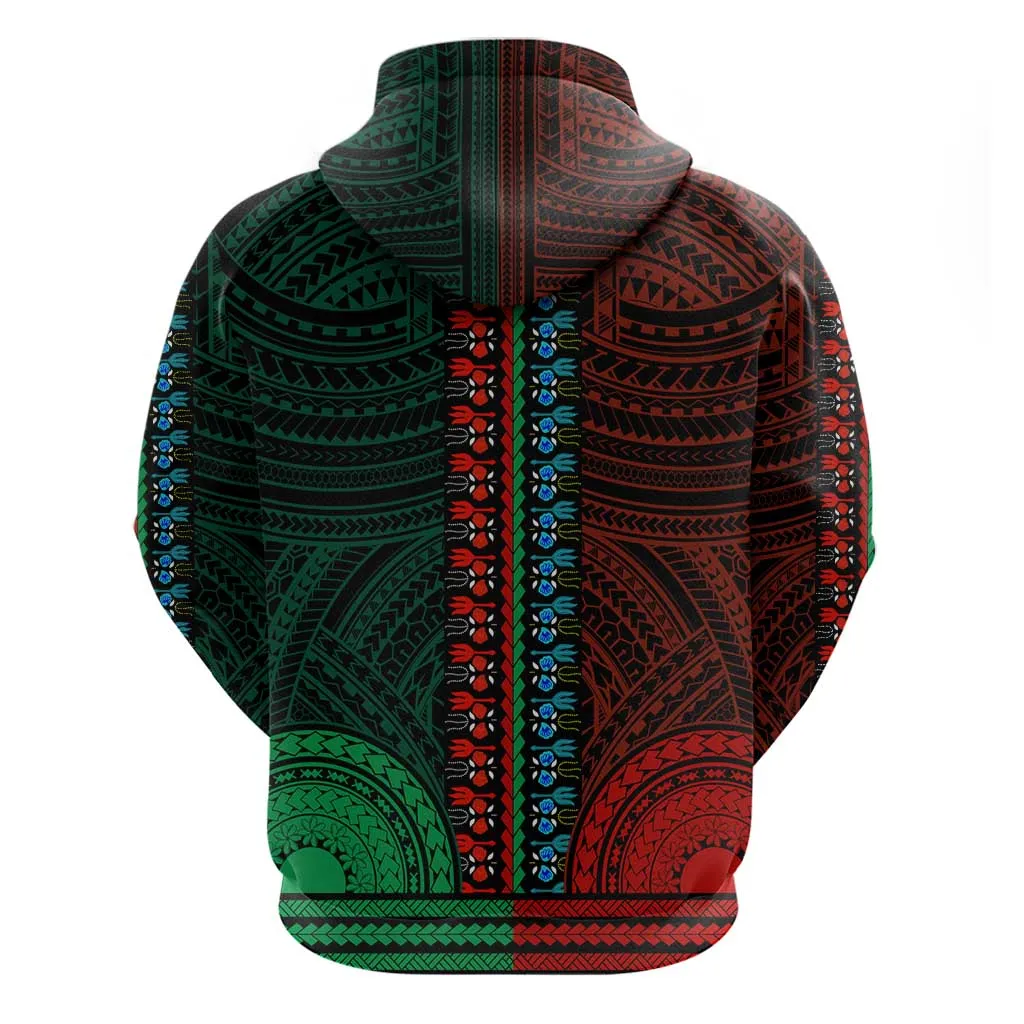 African Dashiki and Polynesian Pattern Hoodie Half Green-Red LT9