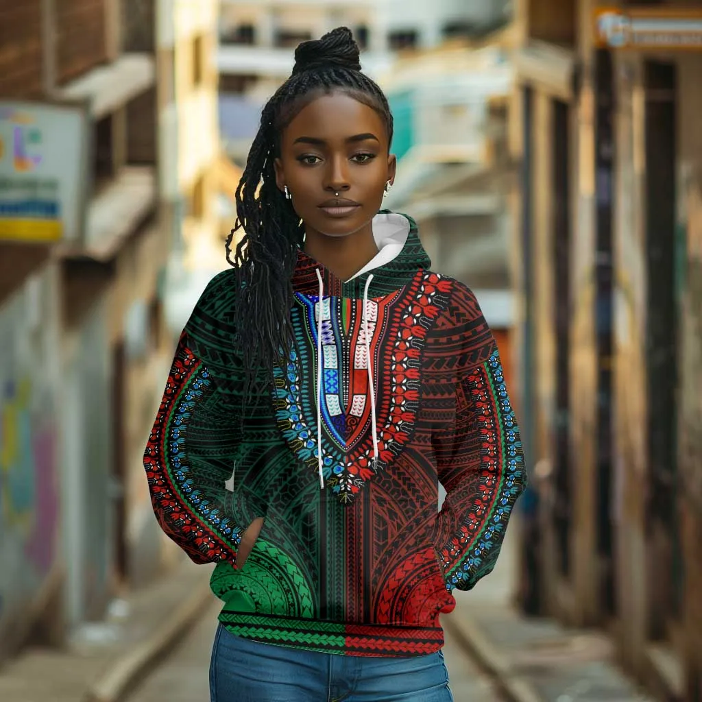 African Dashiki and Polynesian Pattern Hoodie Half Green-Red LT9