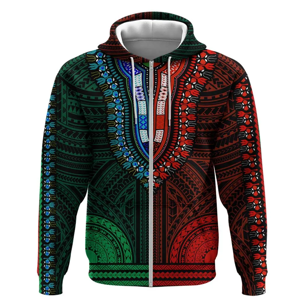 African Dashiki and Polynesian Pattern Hoodie Half Green-Red LT9