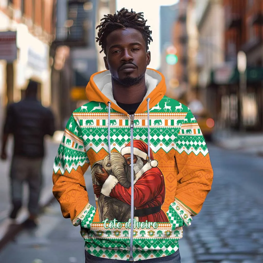 Afro Ivory Coast Christmas Zip Hoodie Black Santa Afishapa - African Pattern LT15