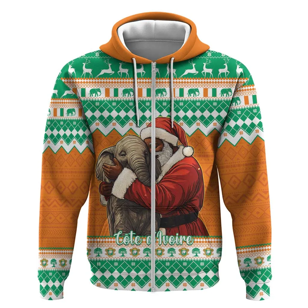 Afro Ivory Coast Christmas Zip Hoodie Black Santa Afishapa - African Pattern LT15