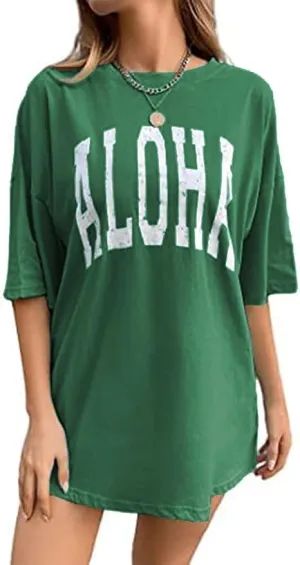 Aloha Women's Casual Short Sleeve Graphic Oversized T Shirt Loose Letter Print Tee Top Blouse