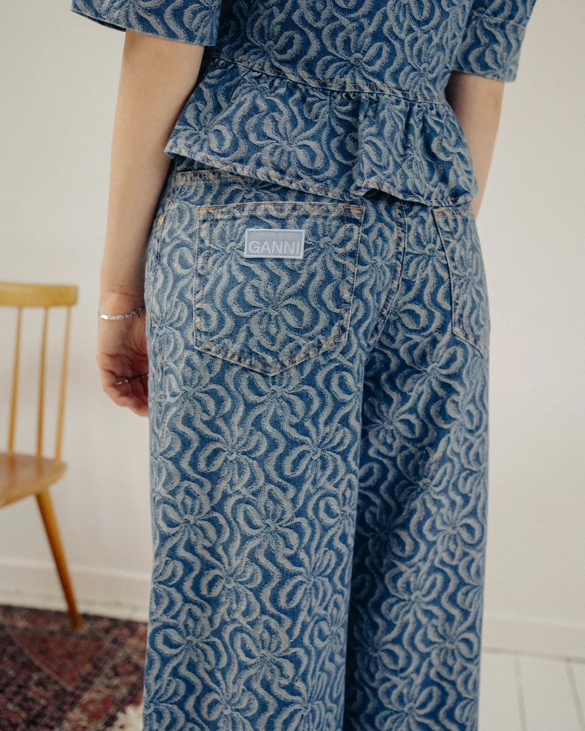 Anna Vilma - Jacquard Denim Flounce Tie Blouse - Mid Blue Stone