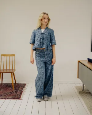 Anna Vilma - Jacquard Denim Flounce Tie Blouse - Mid Blue Stone