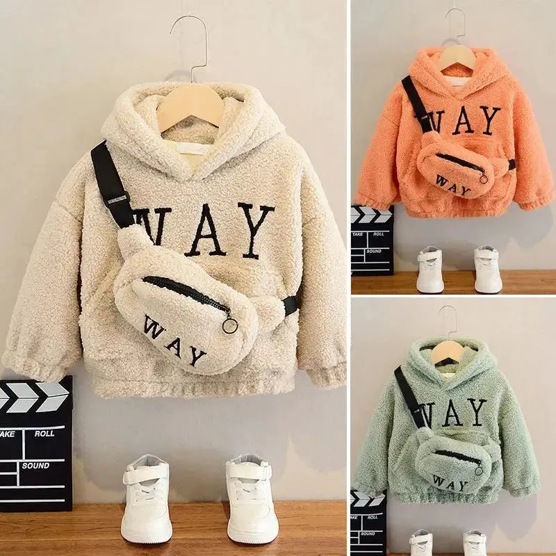Autumn Winter Children’s Hoodies Fashionable Letter Print Sweatshirts with Complimentary Bag Warm Velvet Lined Coats