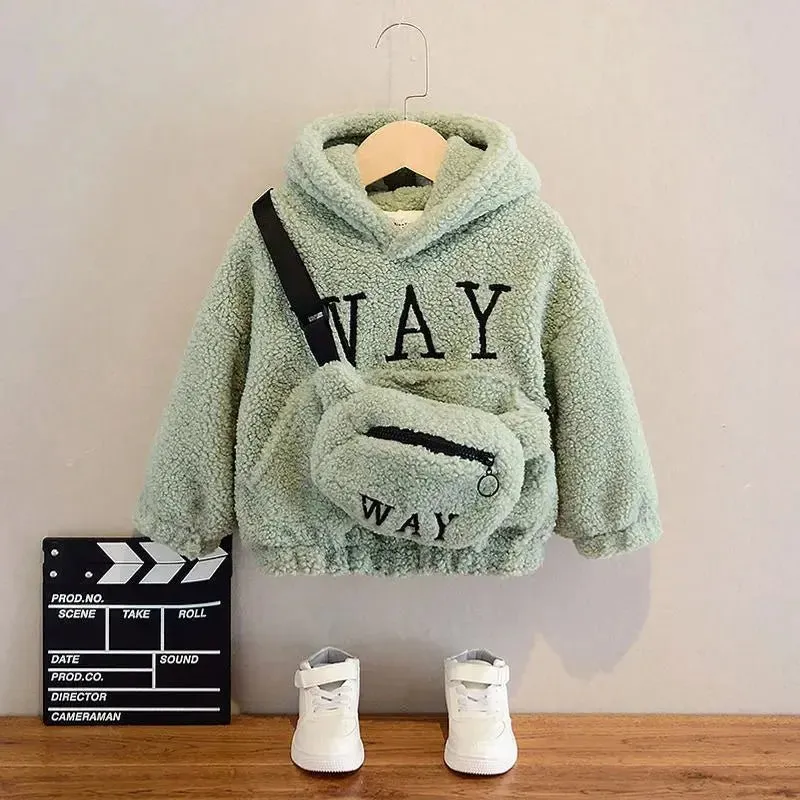 Autumn Winter Children’s Hoodies Fashionable Letter Print Sweatshirts with Complimentary Bag Warm Velvet Lined Coats