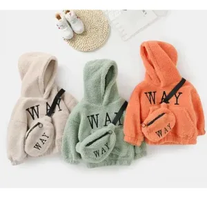 Autumn Winter Children’s Hoodies Fashionable Letter Print Sweatshirts with Complimentary Bag Warm Velvet Lined Coats