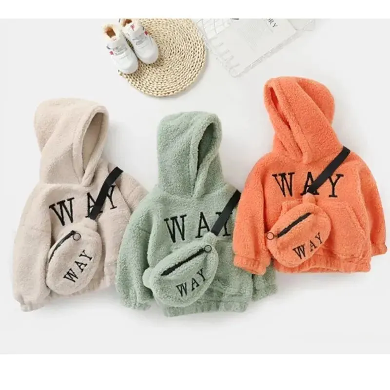 Autumn Winter Children’s Hoodies Fashionable Letter Print Sweatshirts with Complimentary Bag Warm Velvet Lined Coats