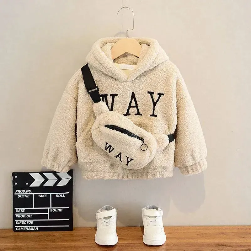 Autumn Winter Children’s Hoodies Fashionable Letter Print Sweatshirts with Complimentary Bag Warm Velvet Lined Coats