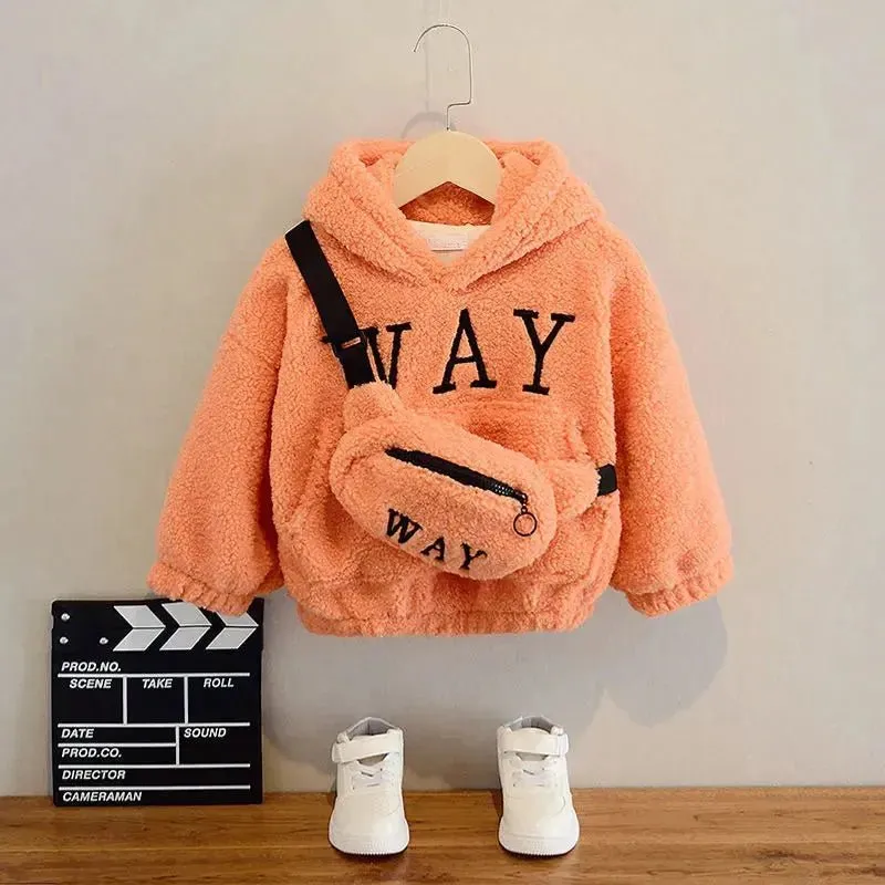 Autumn Winter Children’s Hoodies Fashionable Letter Print Sweatshirts with Complimentary Bag Warm Velvet Lined Coats