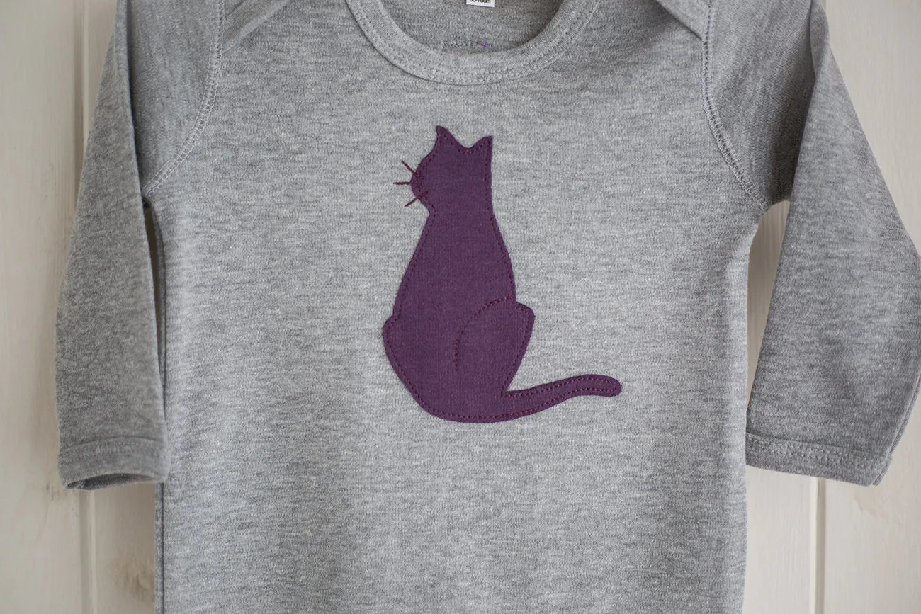 Baby Cat Applique Sleepsuit - aubergine on grey melange