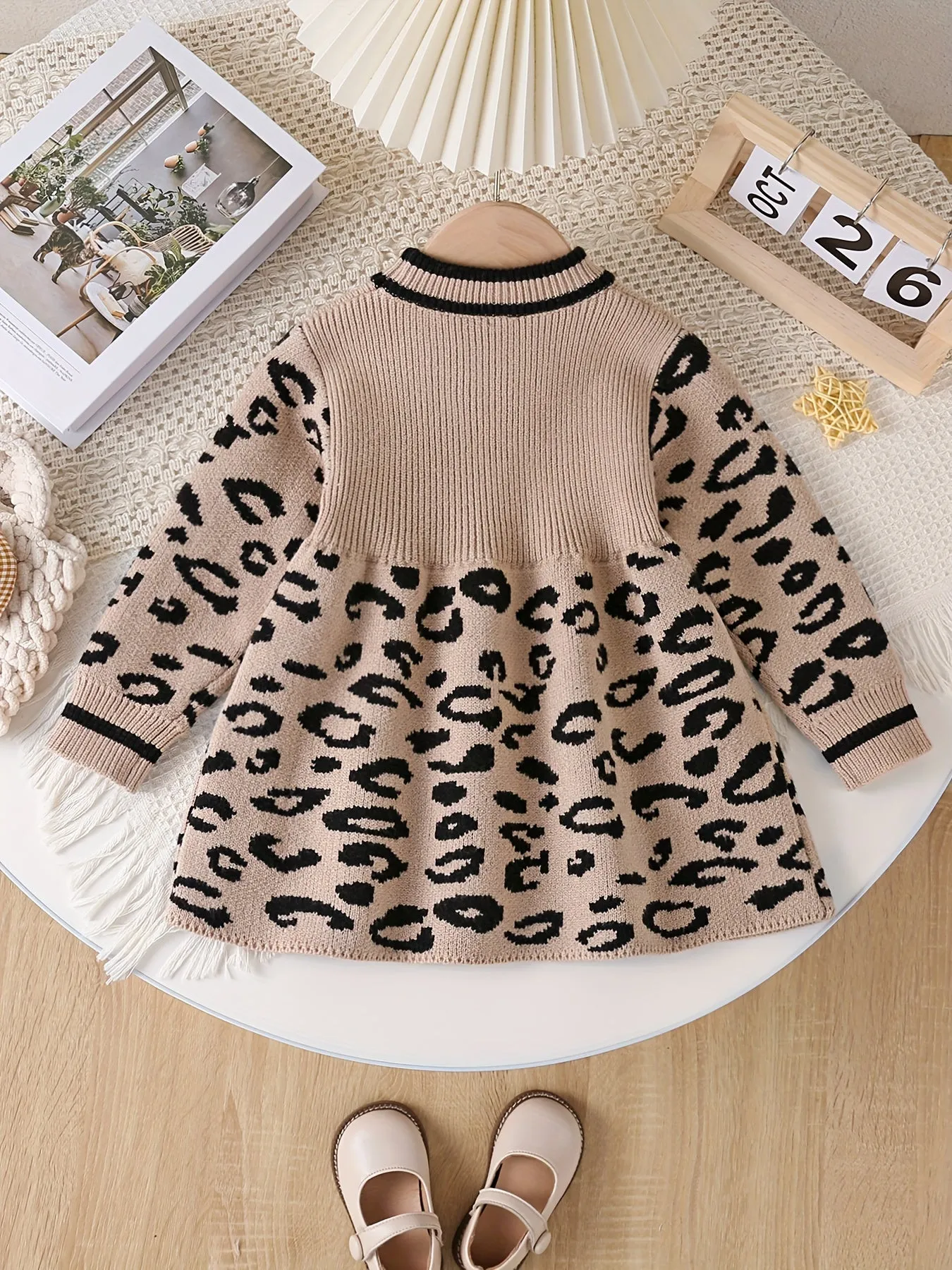 Baby's Trendy Leopard Pattern Sweater, Cable Knit Long Sleeve Top, Toddler & Infant Girl's Clothing For Fall Winter