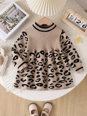 Baby's Trendy Leopard Pattern Sweater, Cable Knit Long Sleeve Top, Toddler & Infant Girl's Clothing For Fall Winter