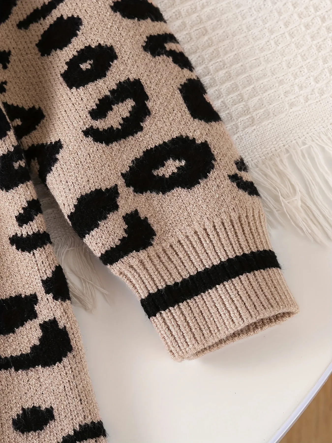 Baby's Trendy Leopard Pattern Sweater, Cable Knit Long Sleeve Top, Toddler & Infant Girl's Clothing For Fall Winter