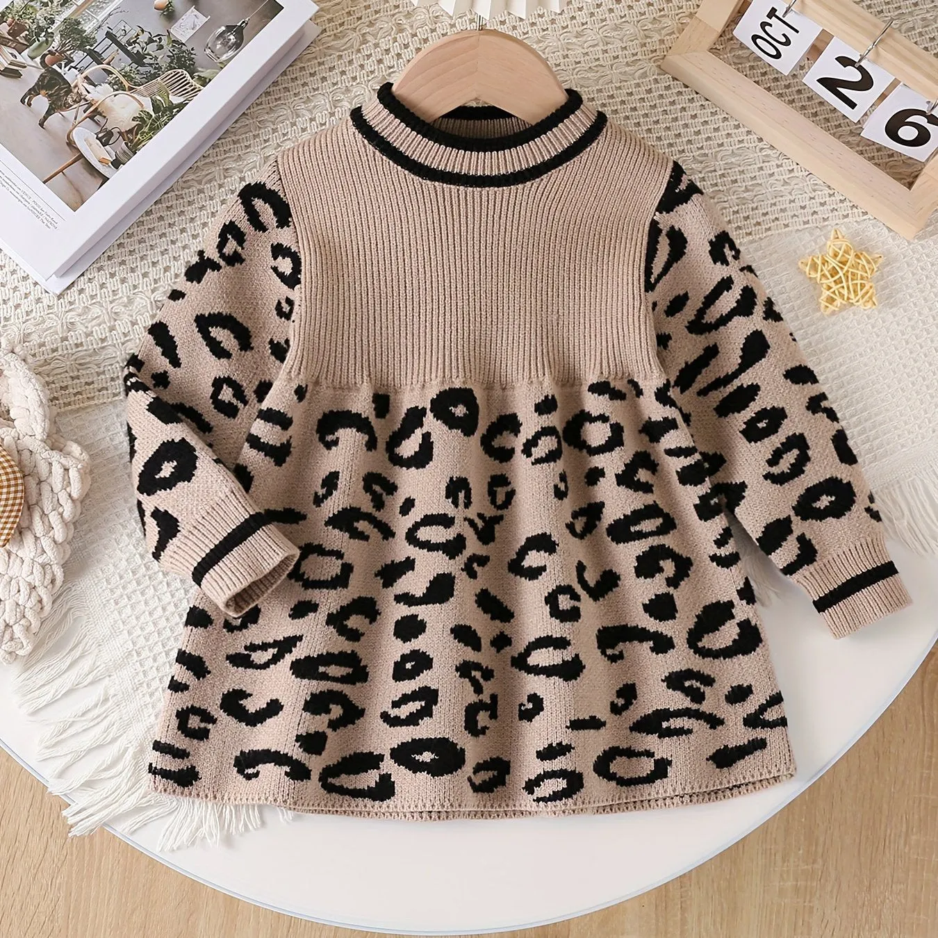 Baby's Trendy Leopard Pattern Sweater, Cable Knit Long Sleeve Top, Toddler & Infant Girl's Clothing For Fall Winter