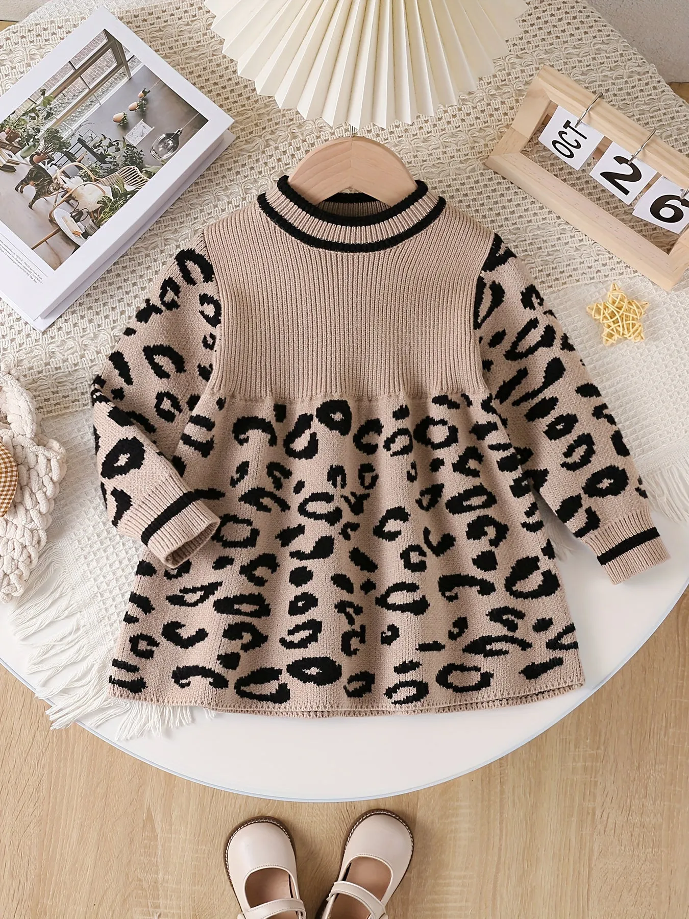 Baby's Trendy Leopard Pattern Sweater, Cable Knit Long Sleeve Top, Toddler & Infant Girl's Clothing For Fall Winter