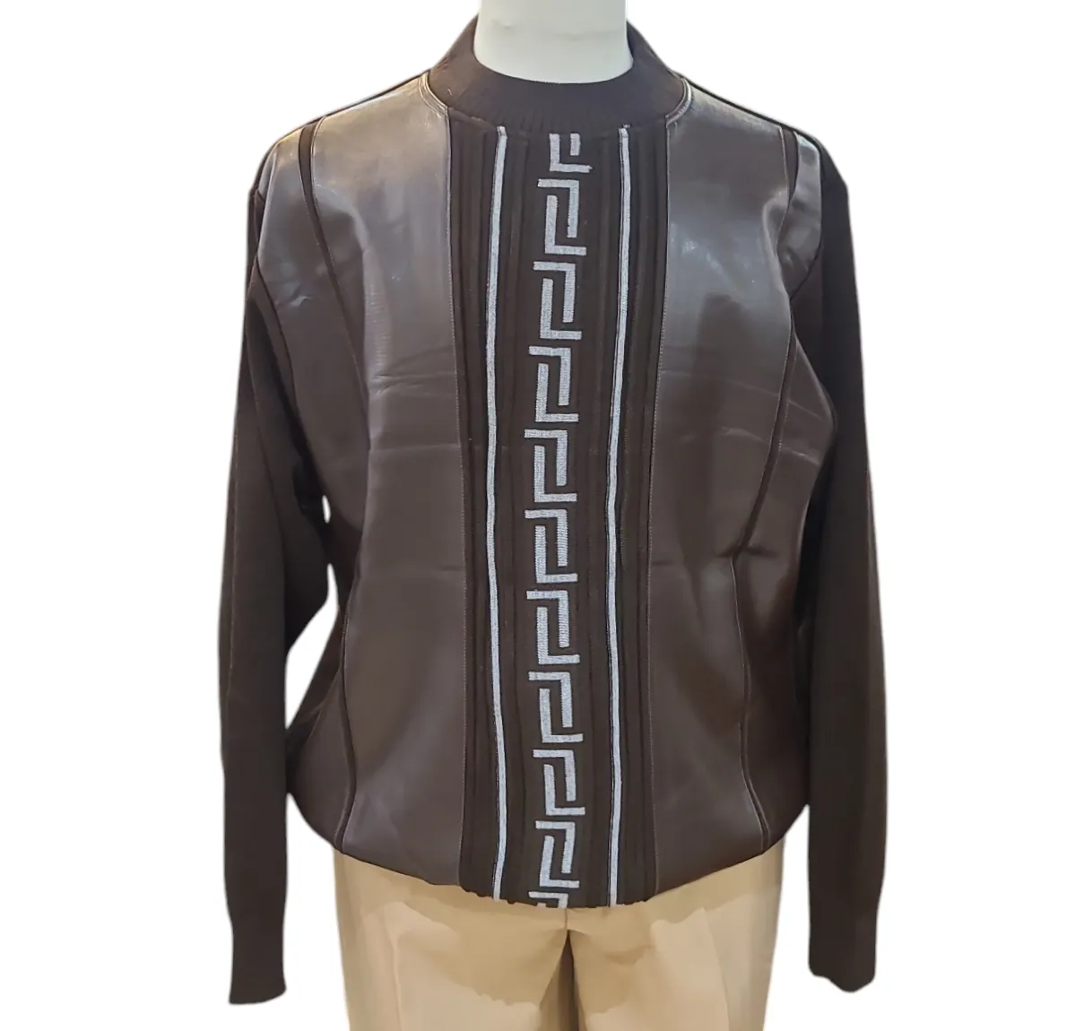 Bagazio Crew Neck Full Zipper PU Sweaters
