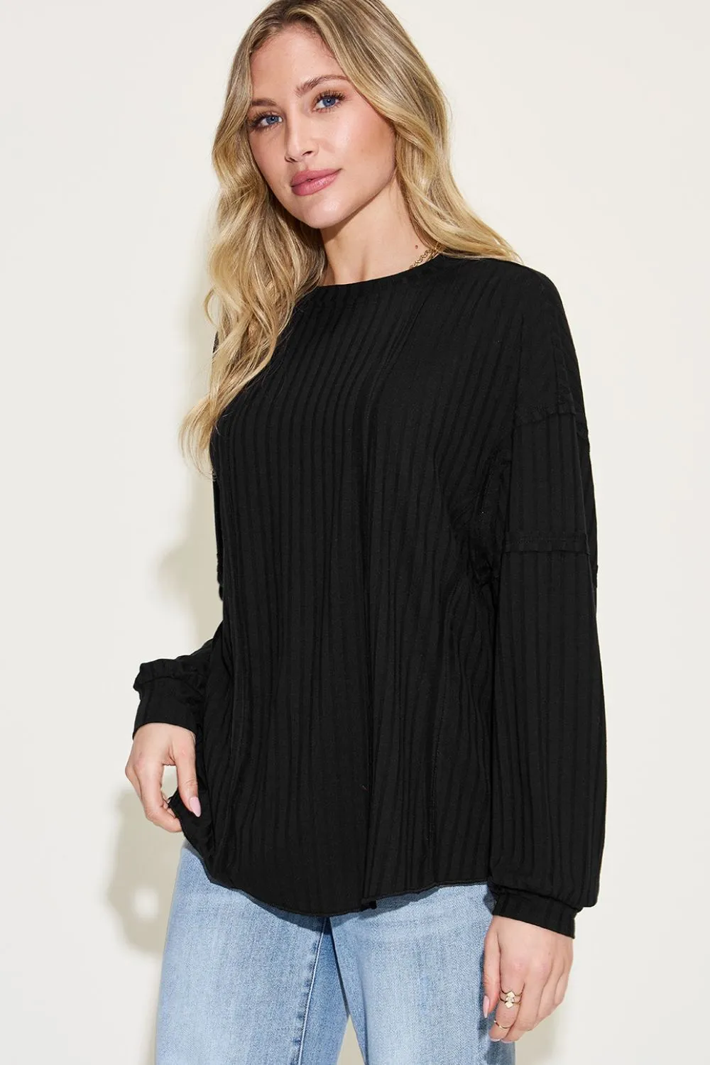 Basic Bae Ribbed Round Neck T-Shirt Long Sleeve Stylish Comfortable Slim Fit