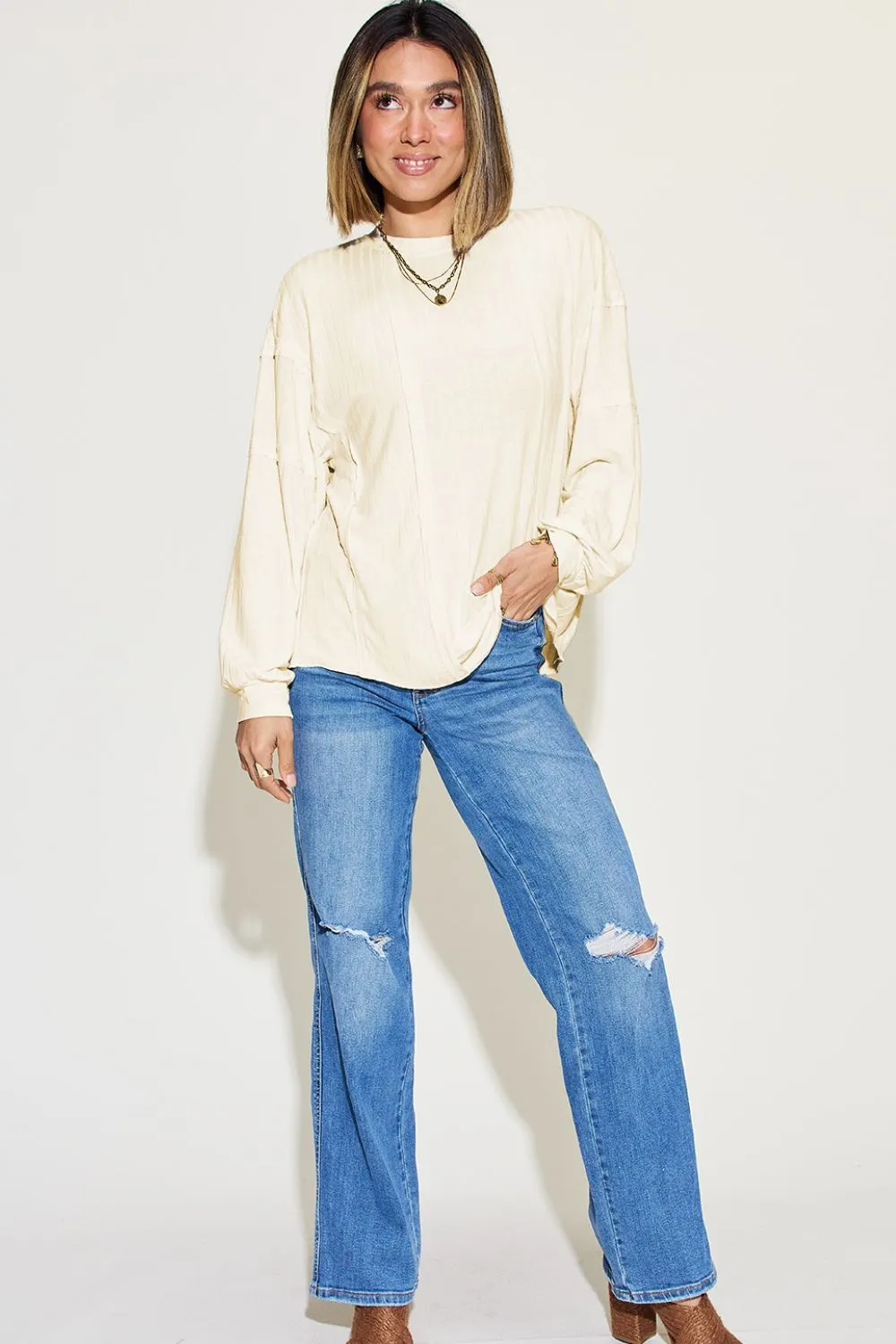 Basic Bae Ribbed Round Neck T-Shirt Long Sleeve Stylish Comfortable Slim Fit