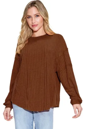 Basic Bae Ribbed Round Neck T-Shirt Long Sleeve Stylish Comfortable Slim Fit