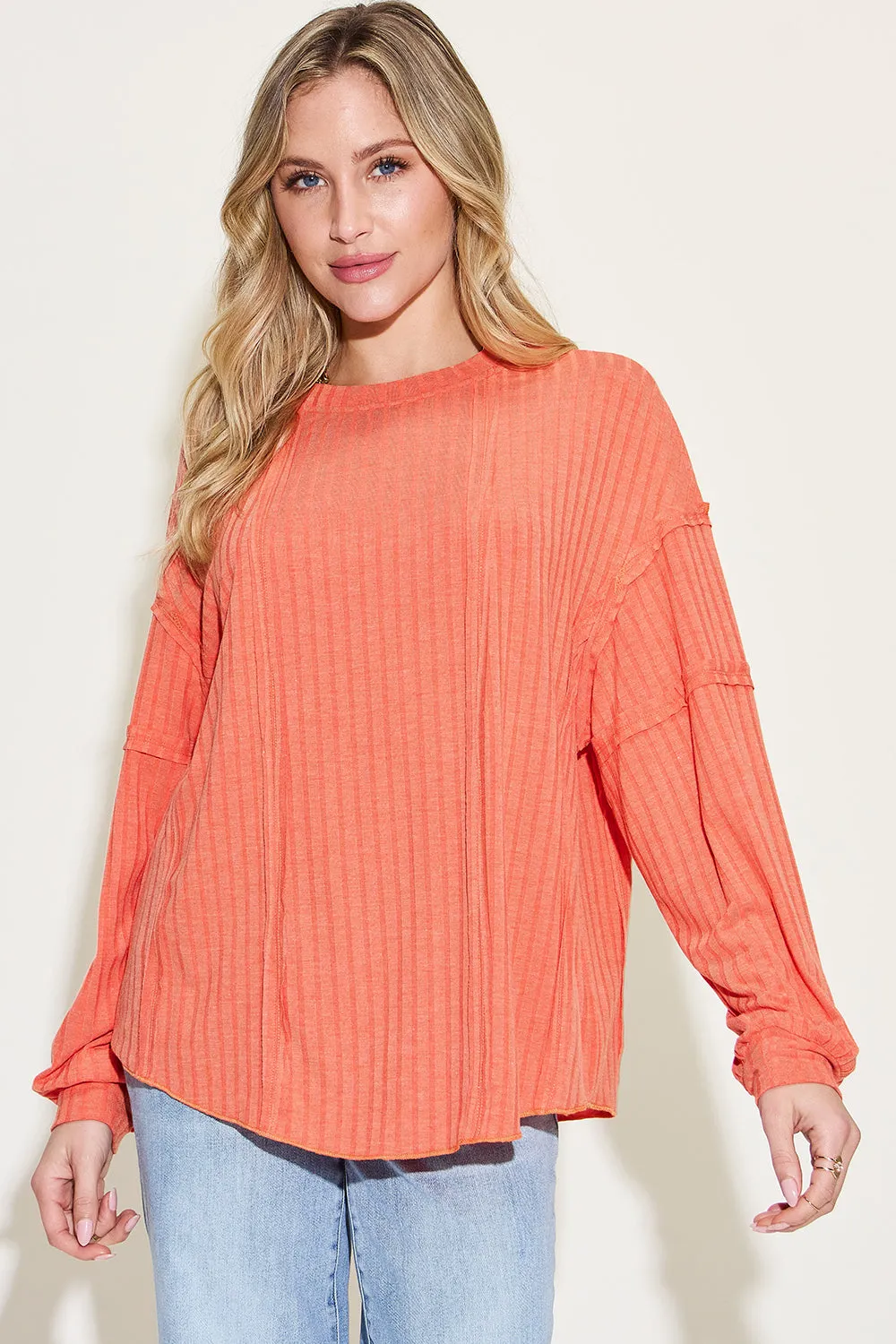 Basic Bae Ribbed Round Neck T-Shirt Long Sleeve Stylish Comfortable Slim Fit