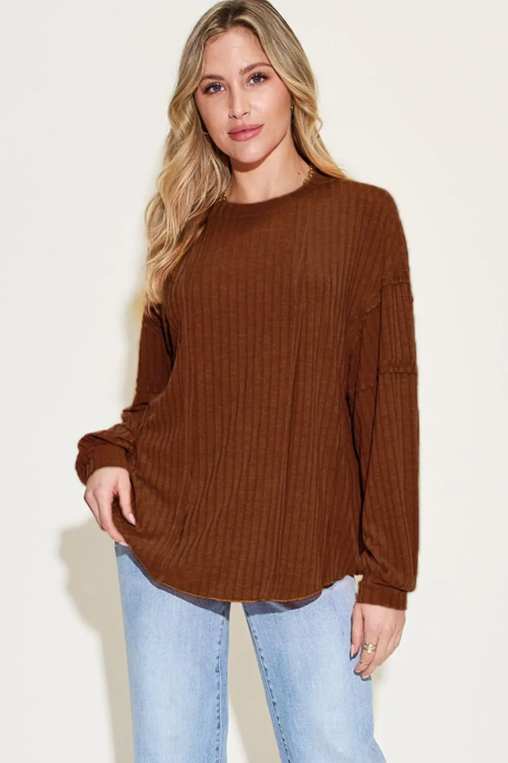 Basic Bae Ribbed Round Neck T-Shirt Long Sleeve Stylish Comfortable Slim Fit