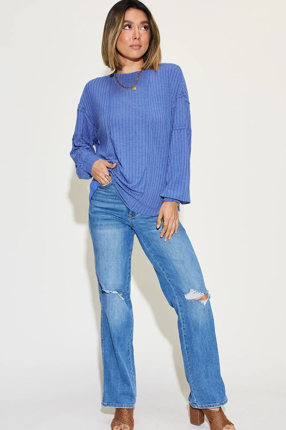 Basic Bae Ribbed Round Neck T-Shirt Long Sleeve Stylish Comfortable Slim Fit