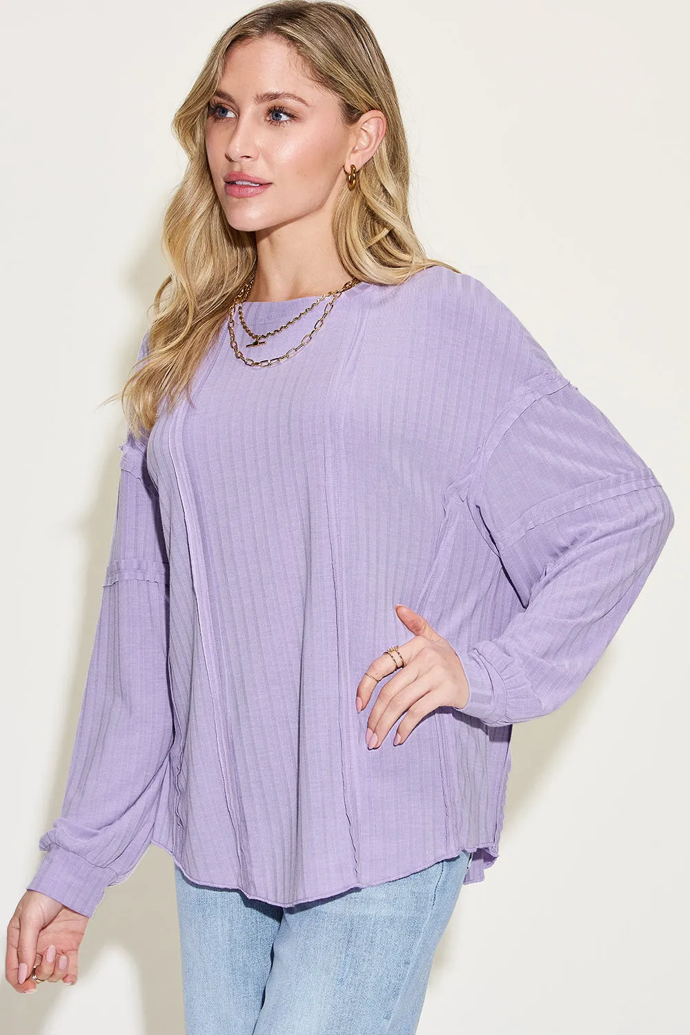 Basic Bae Ribbed Round Neck T-Shirt Long Sleeve Stylish Comfortable Slim Fit