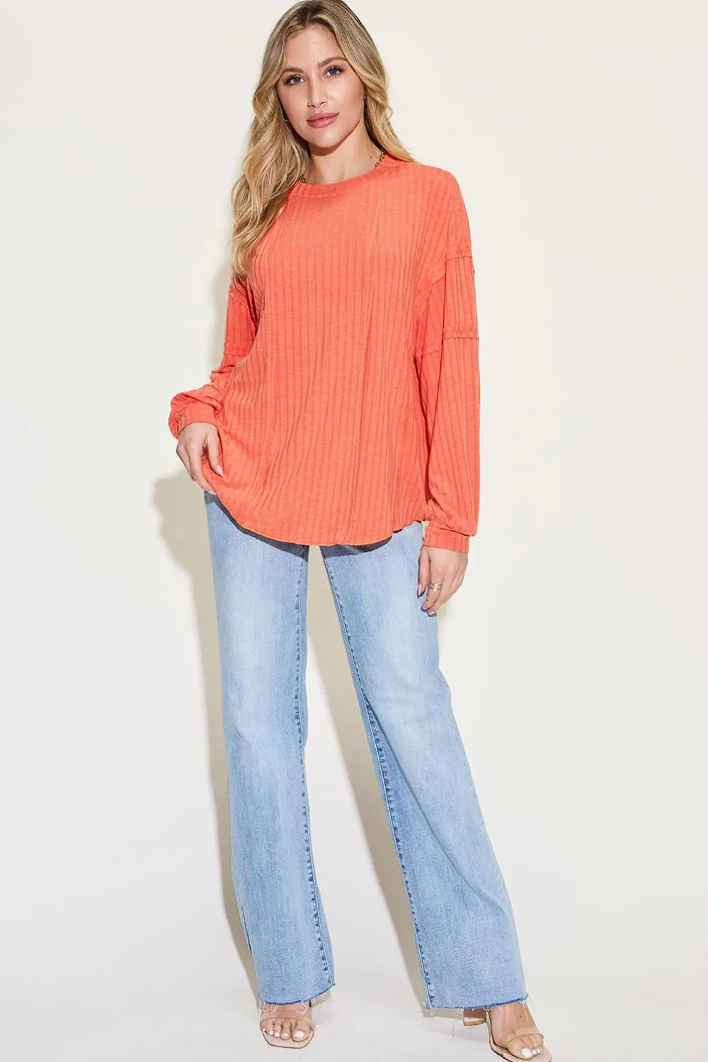 Basic Bae Ribbed Round Neck T-Shirt Long Sleeve Stylish Comfortable Slim Fit