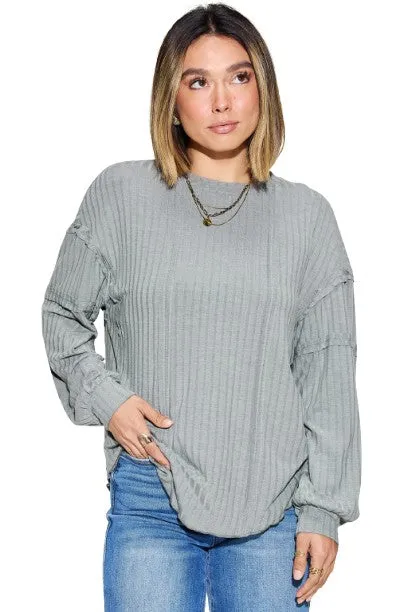 Basic Bae Ribbed Round Neck T-Shirt Long Sleeve Stylish Comfortable Slim Fit