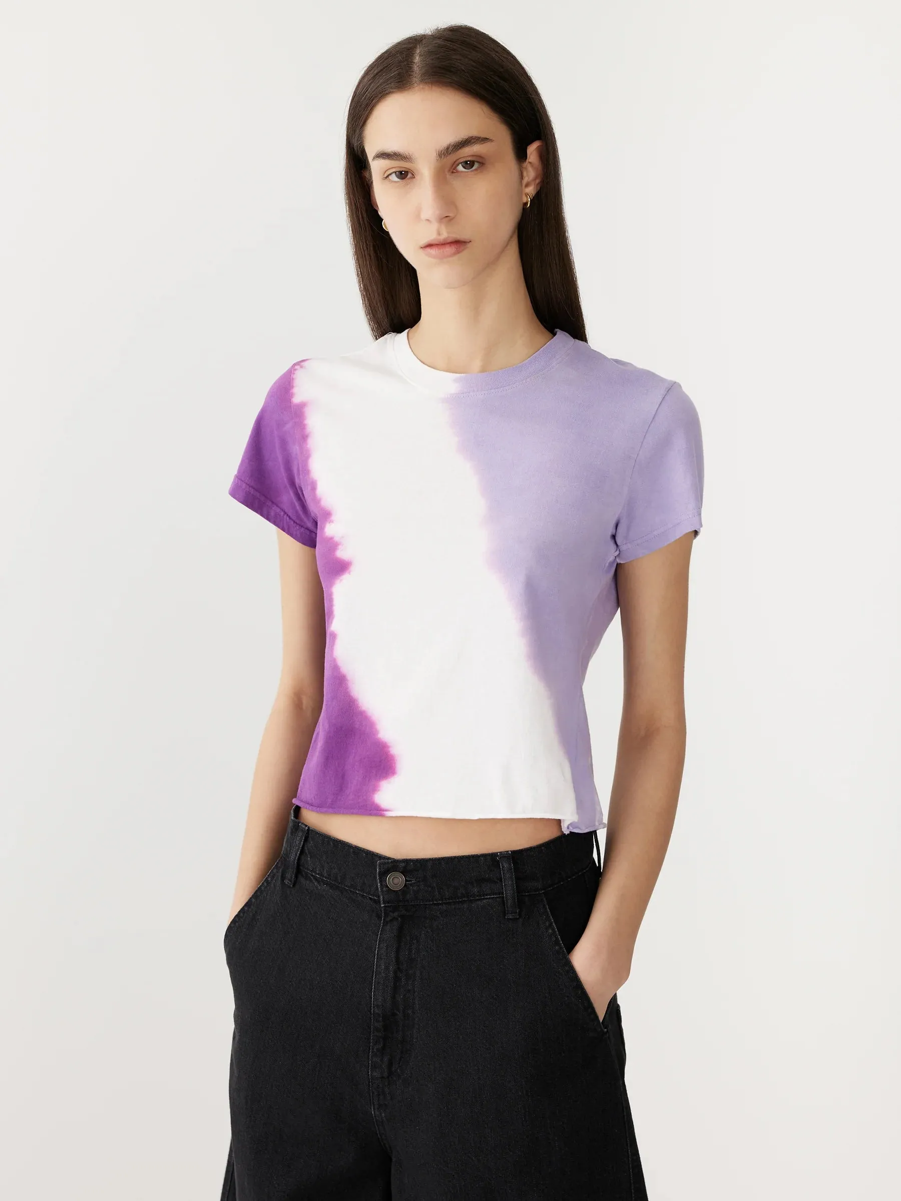 Bassike Raw Edge Baby Tee in Faded Lavender, White and Violet Dye