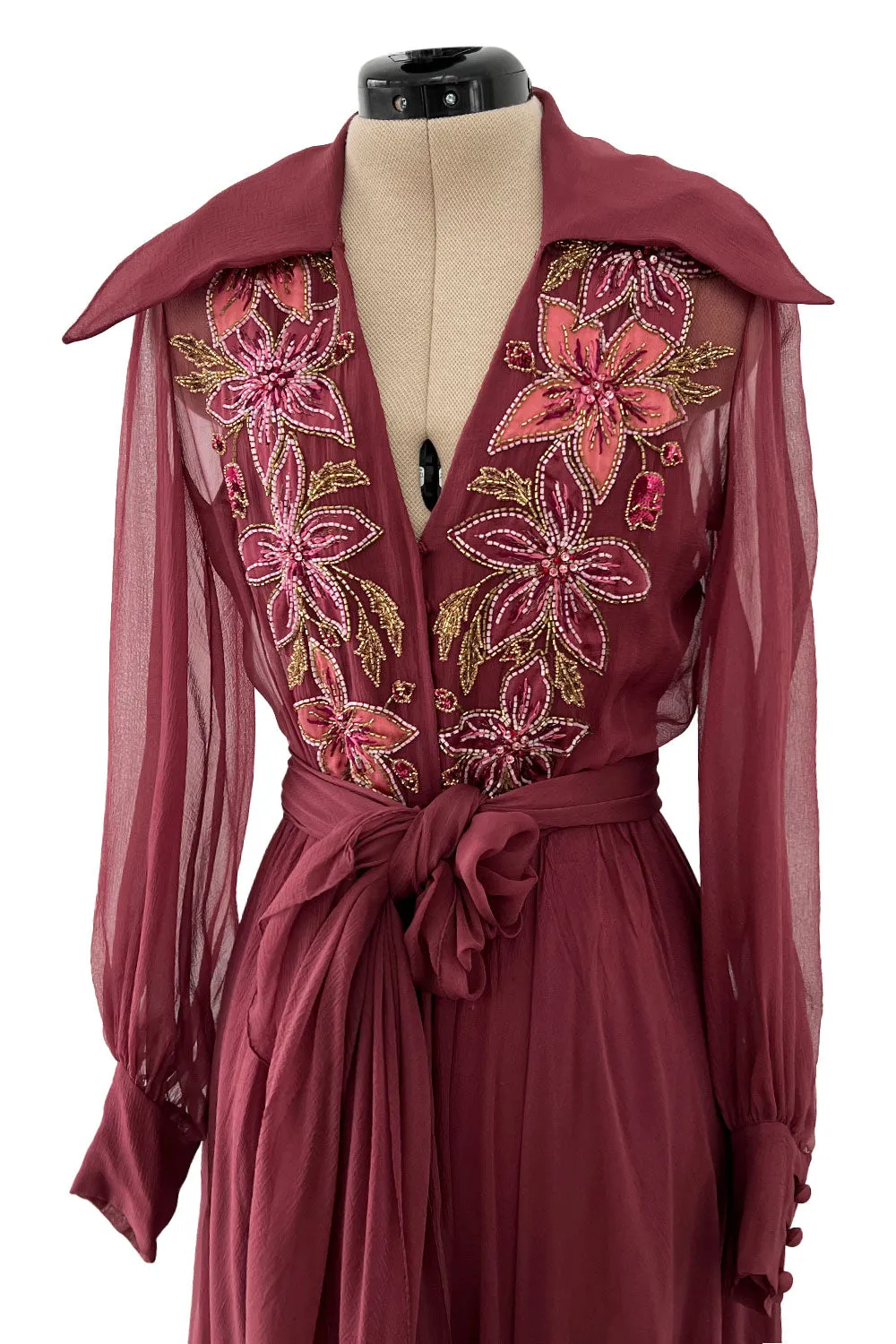 Beautiful 1974 Jean Louis Scherrer Haute Couture Hand Beaded & Applique Silk Chiffon Dress