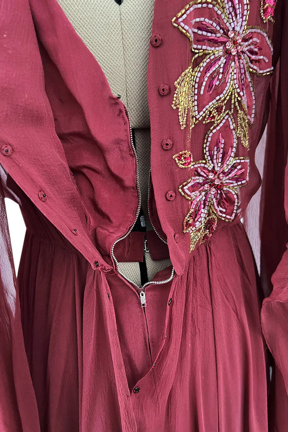 Beautiful 1974 Jean Louis Scherrer Haute Couture Hand Beaded & Applique Silk Chiffon Dress